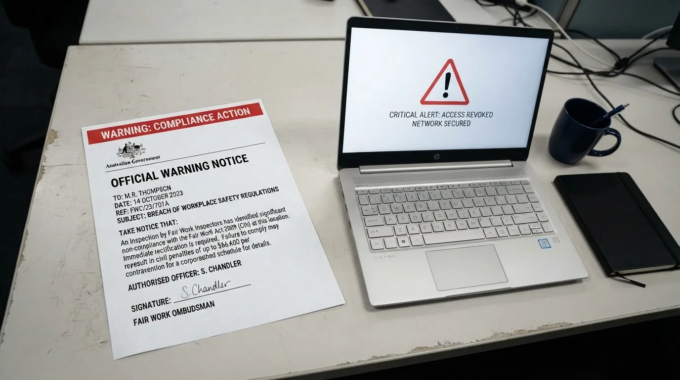 A printed government warning notice on a desk beside a laptop with a red alert icon on the screen.