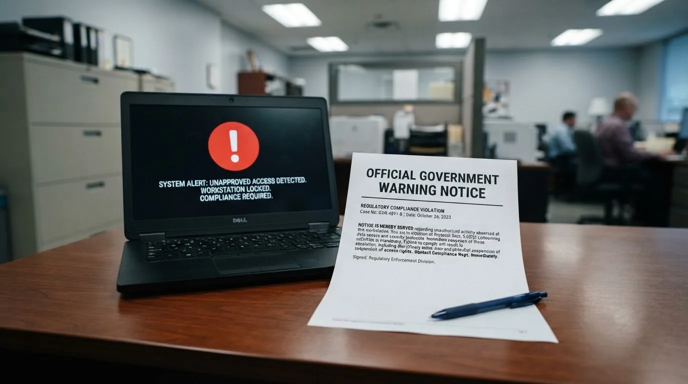 A printed government warning notice on a desk beside a laptop with a red alert icon on the screen.