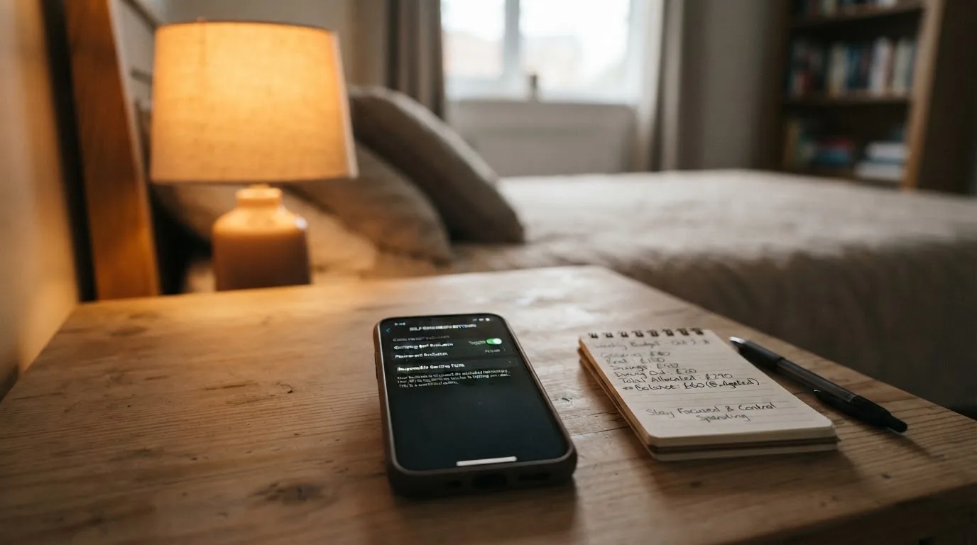 A phone showing a self-exclusion settings screen next to a notepad with a weekly budget written on it.