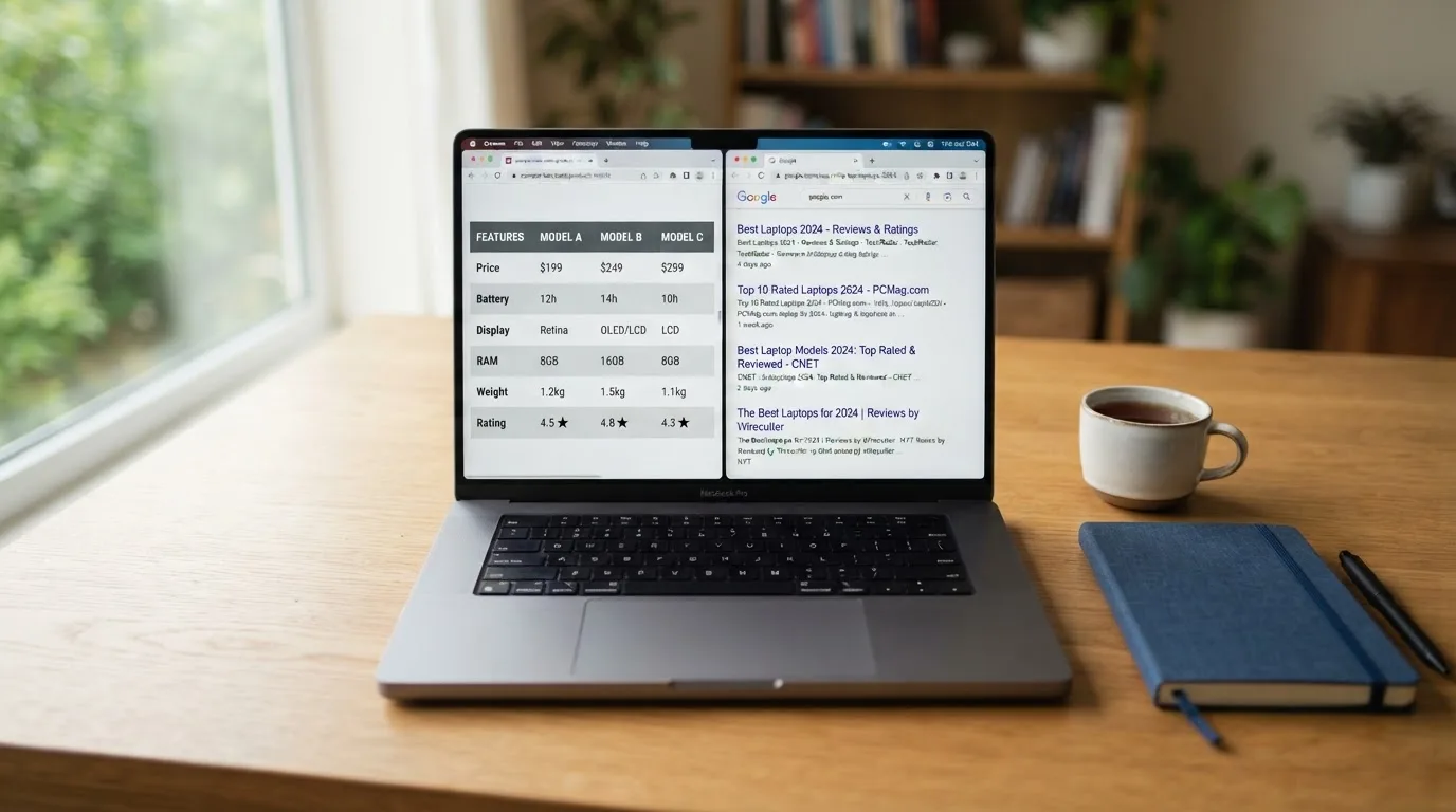 A laptop screen split between two browser tabs, one showing a comparison table and the other a search results page.