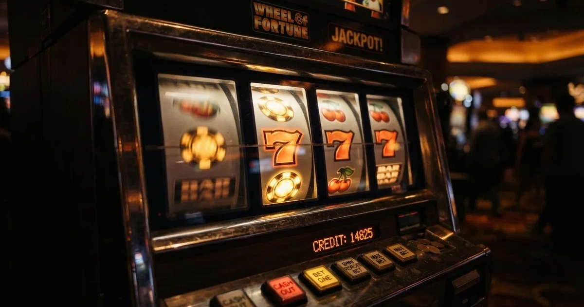 A close-up of a slot reel icon with a stylised gold coin motif on a screen.