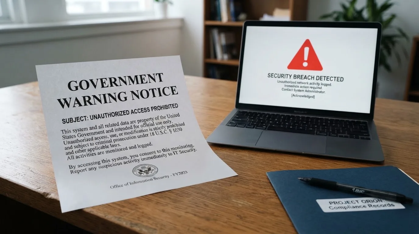 A printed government warning notice on a desk beside a laptop with a red alert icon on the screen.