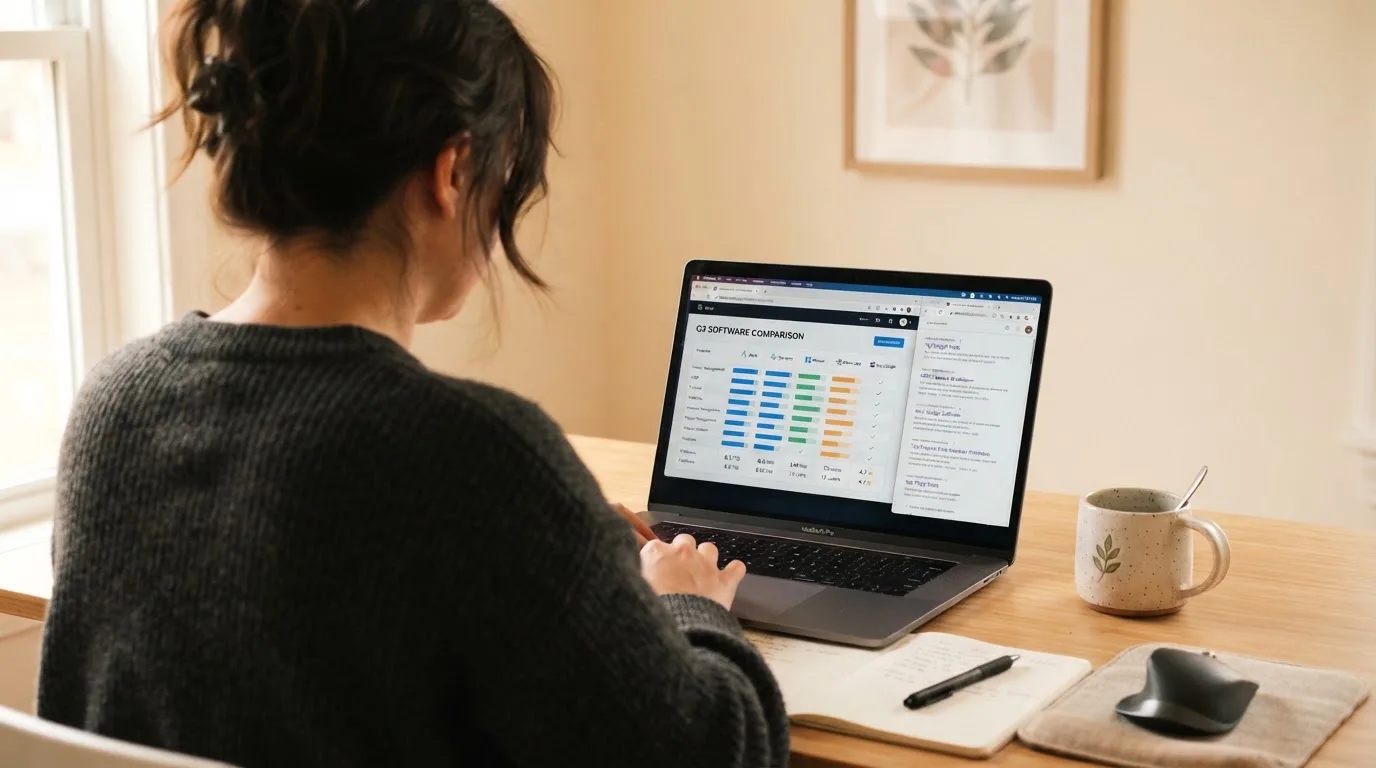 A laptop screen split between two browser tabs, one showing a comparison table and the other a search results page.