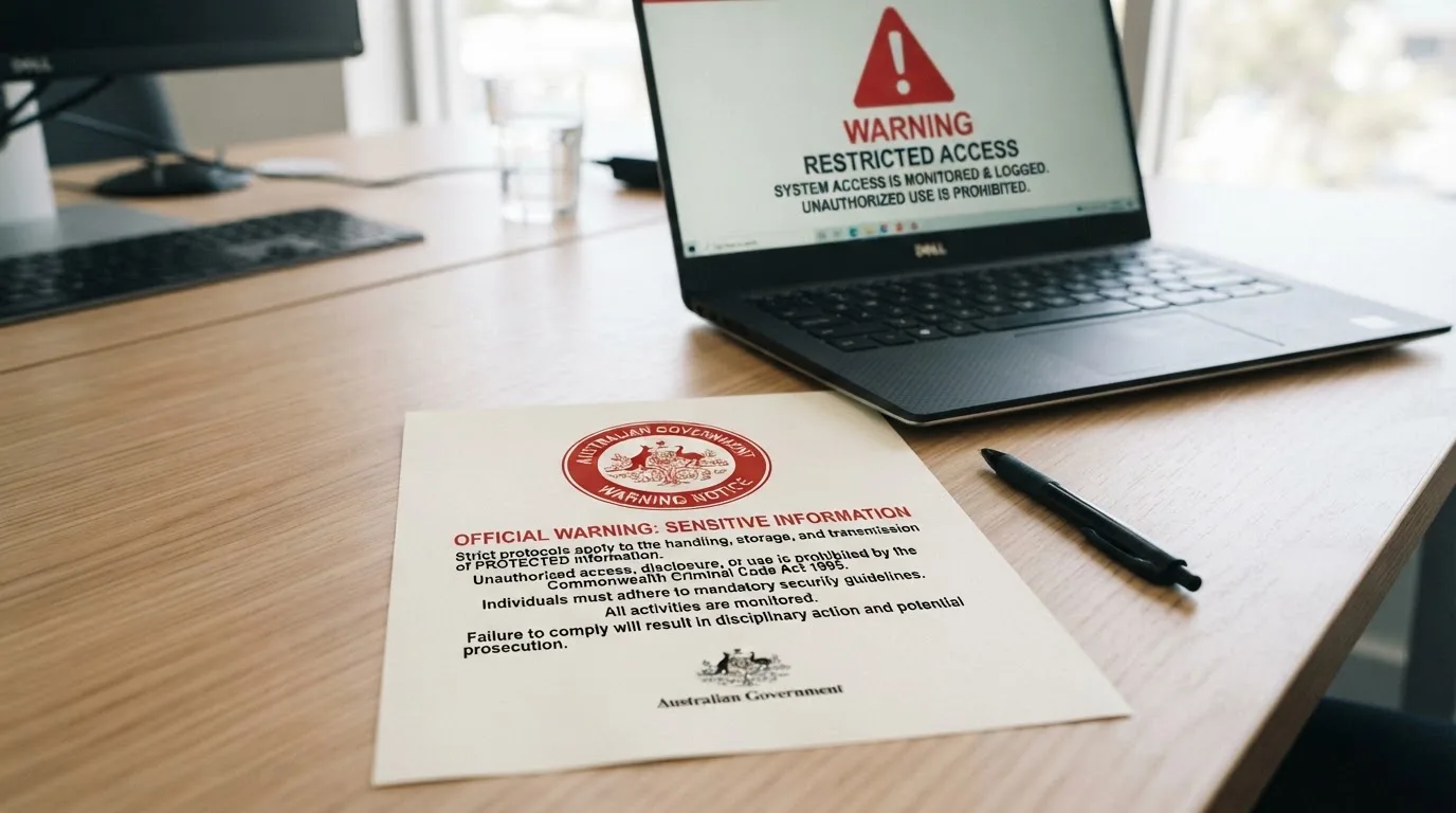 A printed government warning notice on a desk beside a laptop with a red alert icon on the screen.
