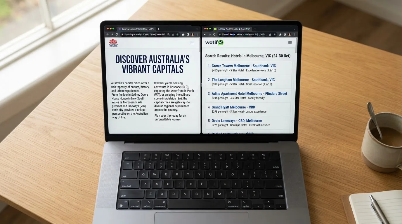 A laptop screen split between two browser tabs, one showing a comparison table and the other a search results page.
