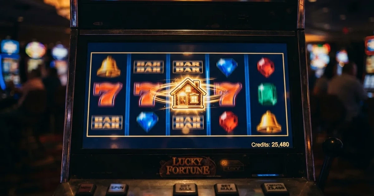 A close-up of a slot reel icon with a house-shaped motif on a screen.