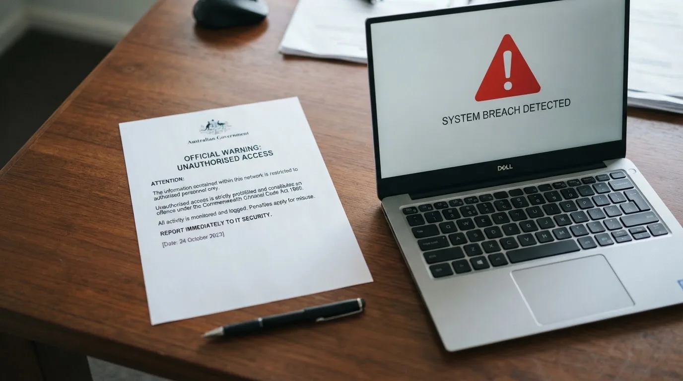 A printed government warning notice on a desk beside a laptop with a red alert icon on the screen.