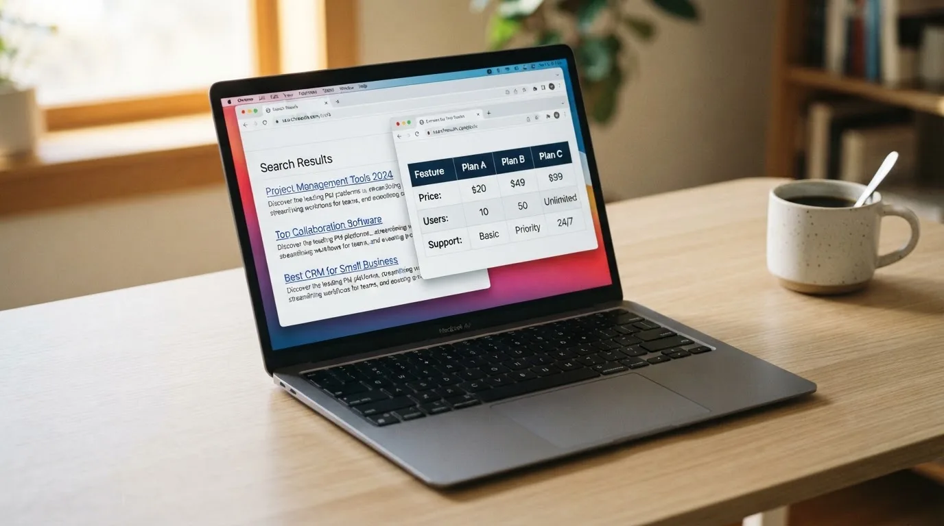 A laptop screen split between two browser tabs, one showing a comparison table and the other a search results page.