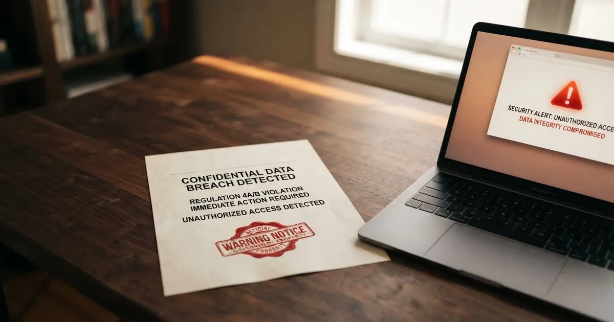 A printed government warning notice on a desk beside a laptop with a red alert icon on the screen.