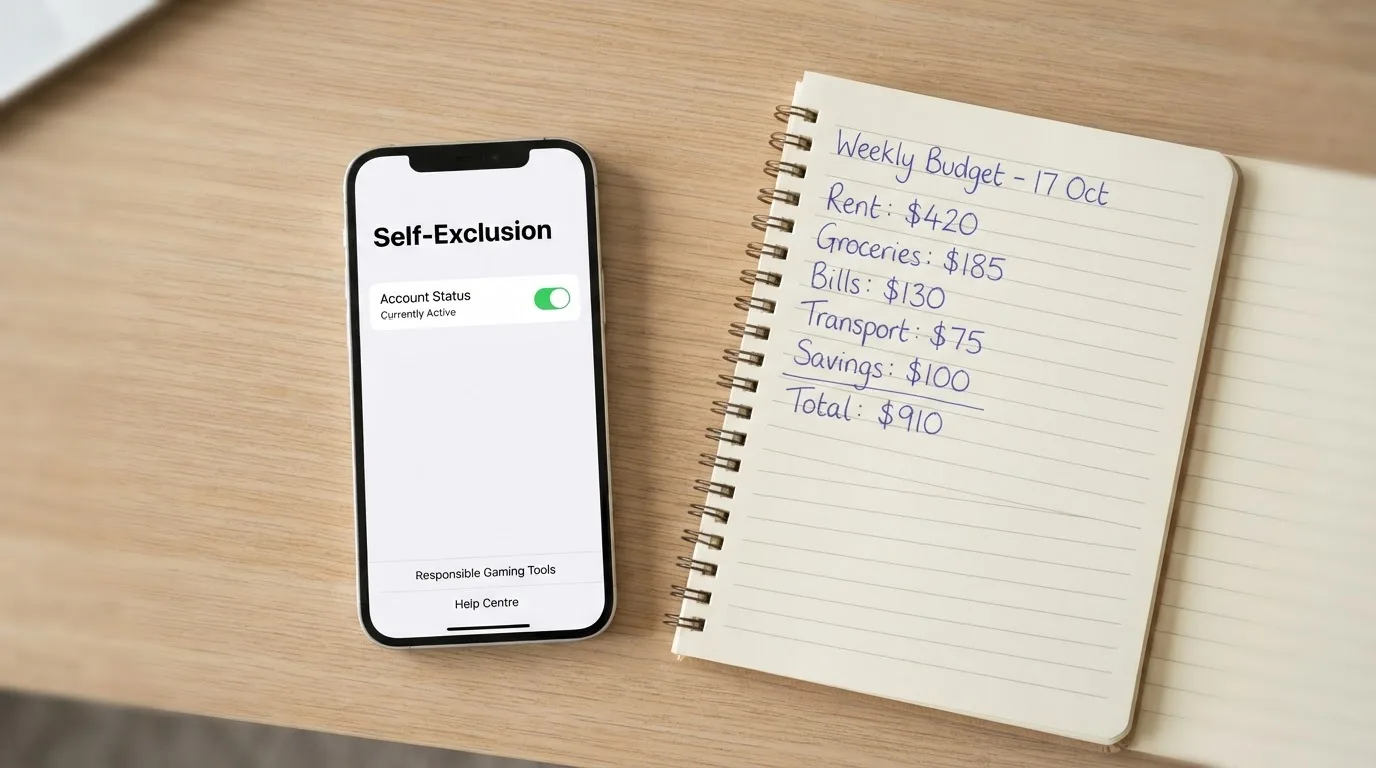 A phone showing a self-exclusion settings screen next to a notepad with a weekly budget written on it.