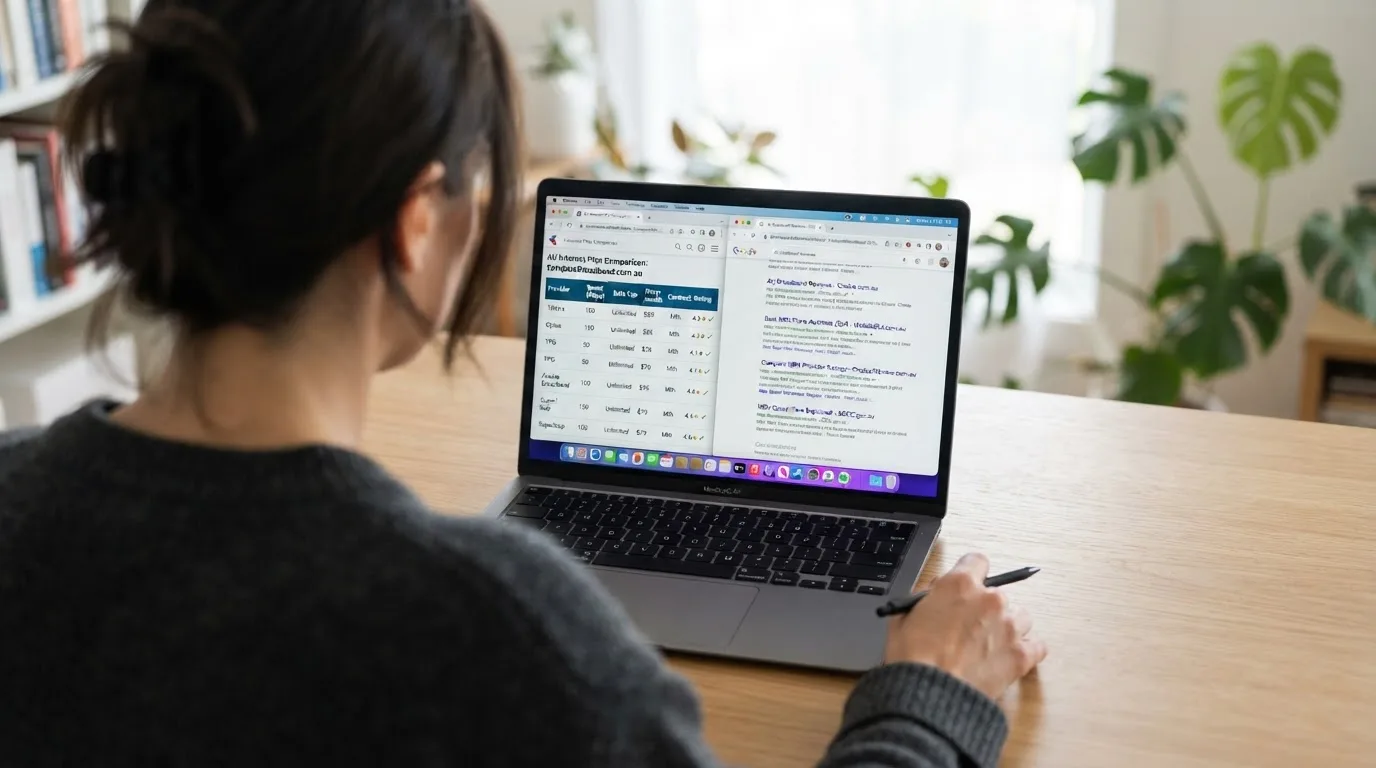A laptop screen split between two browser tabs, one showing a comparison table and the other a search results page.