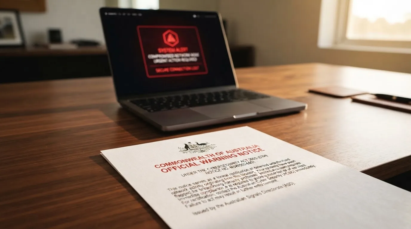 A printed government warning notice on a desk beside a laptop with a red alert icon on the screen.