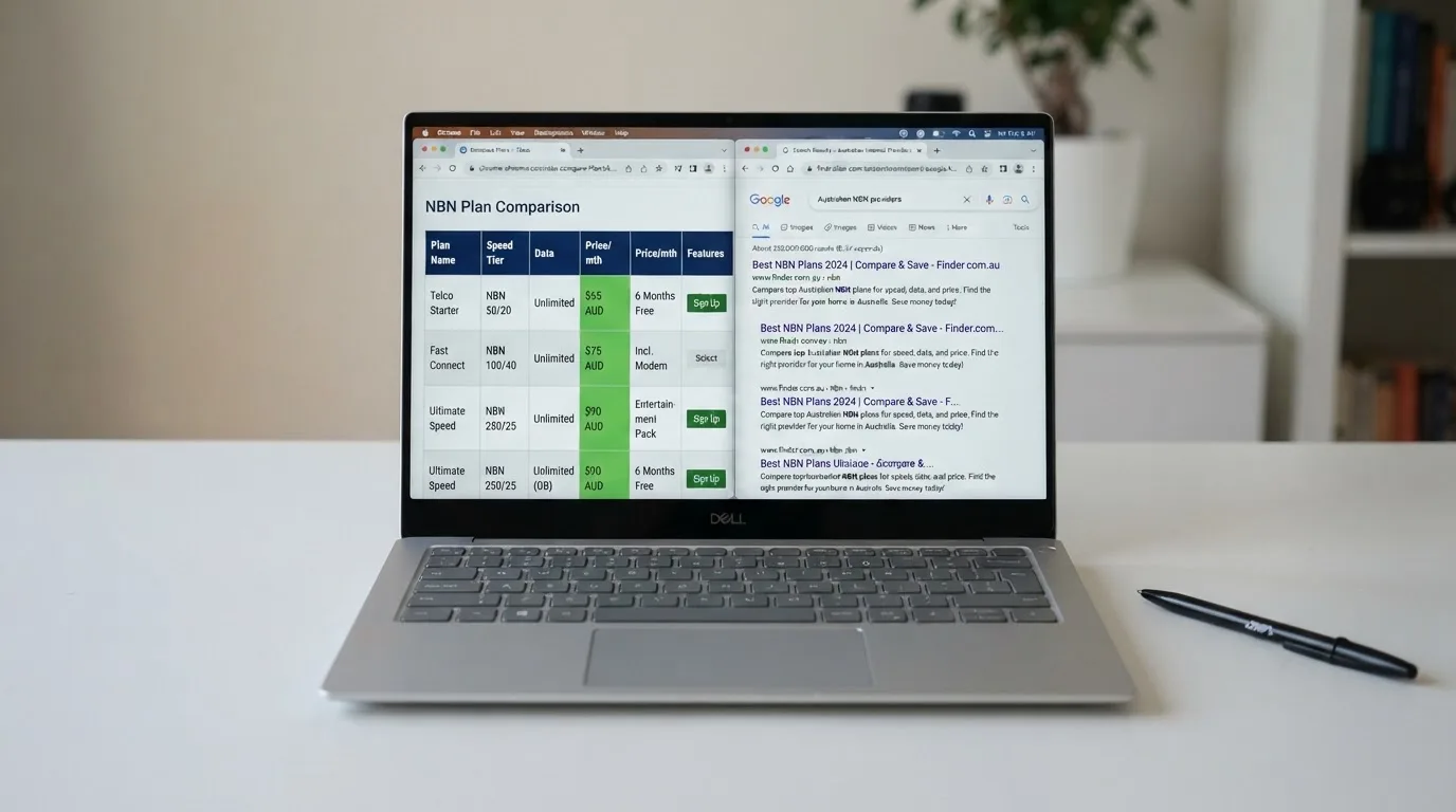 A laptop screen split between two browser tabs, one showing a comparison table and the other a search results page.