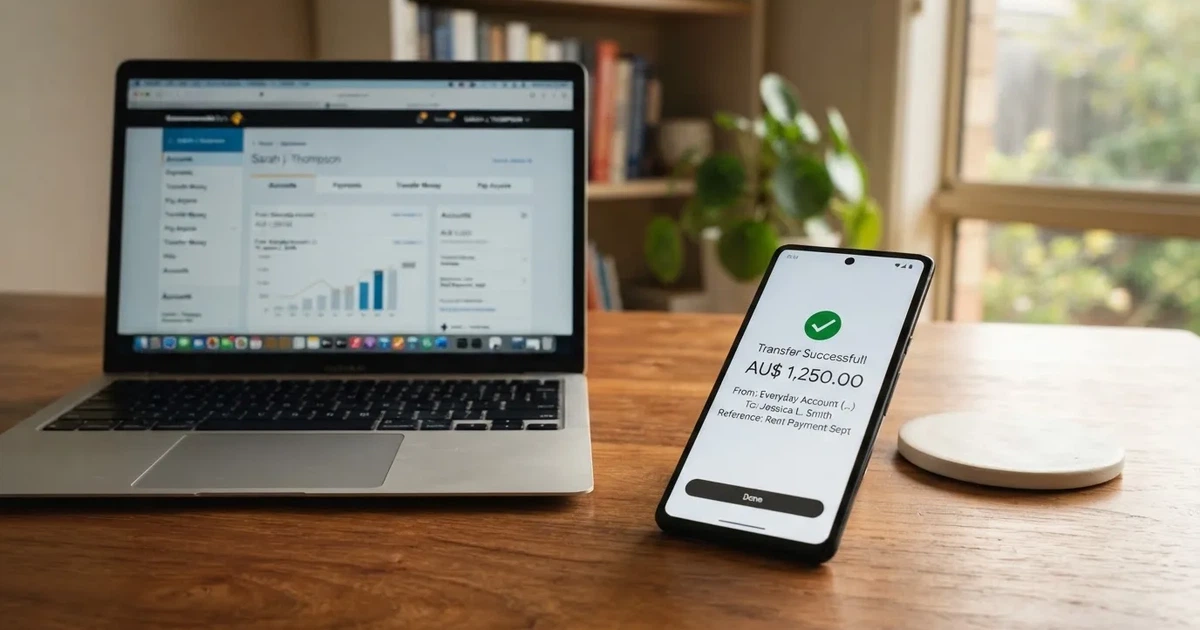 A phone showing a PayID-style bank transfer confirmation next to a laptop.