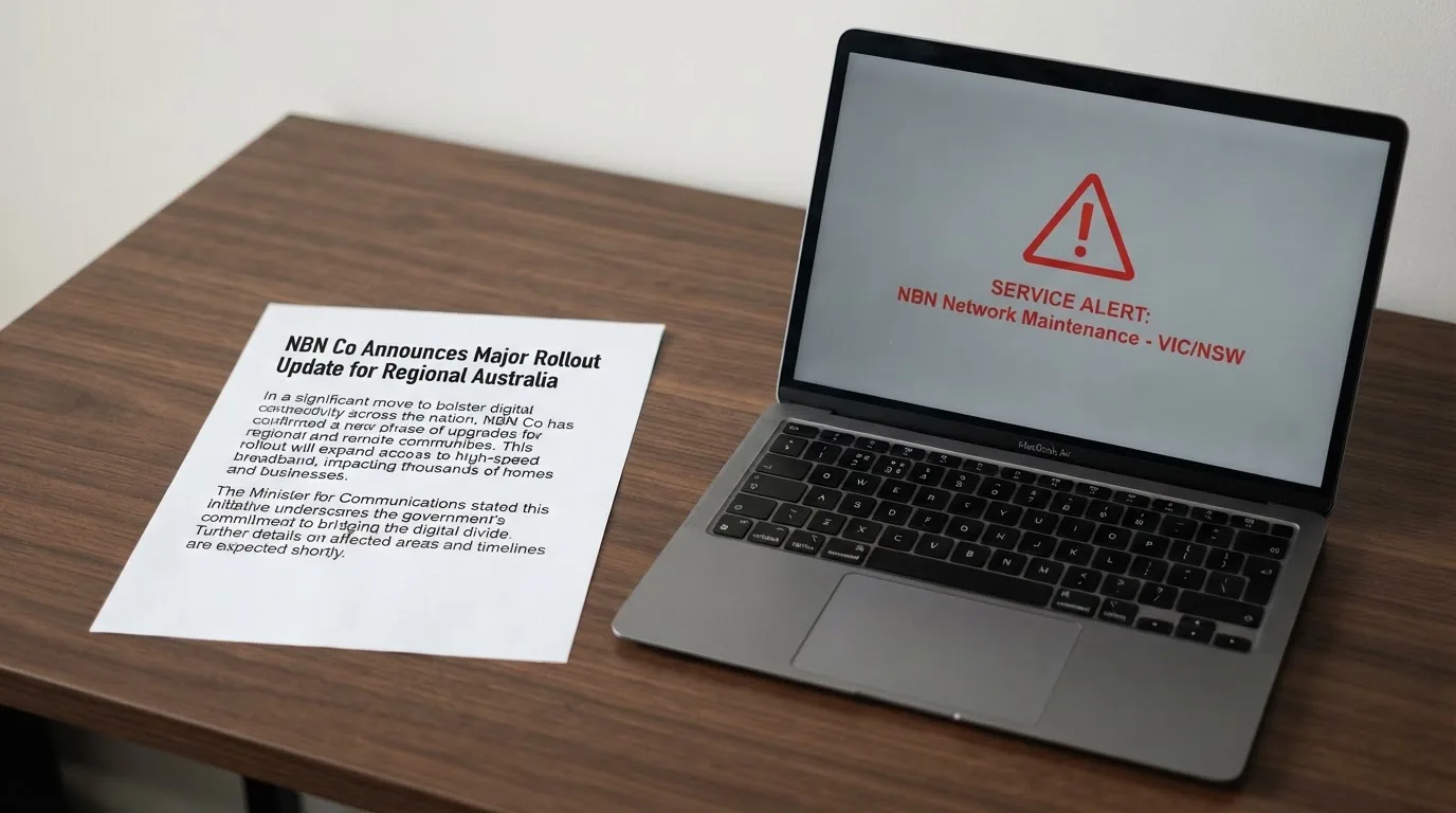 A printed government warning notice on a desk beside a laptop with a red alert icon on the screen.