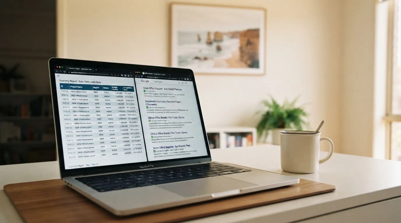 A laptop screen split between two browser tabs, one showing a comparison table and the other a search results page.