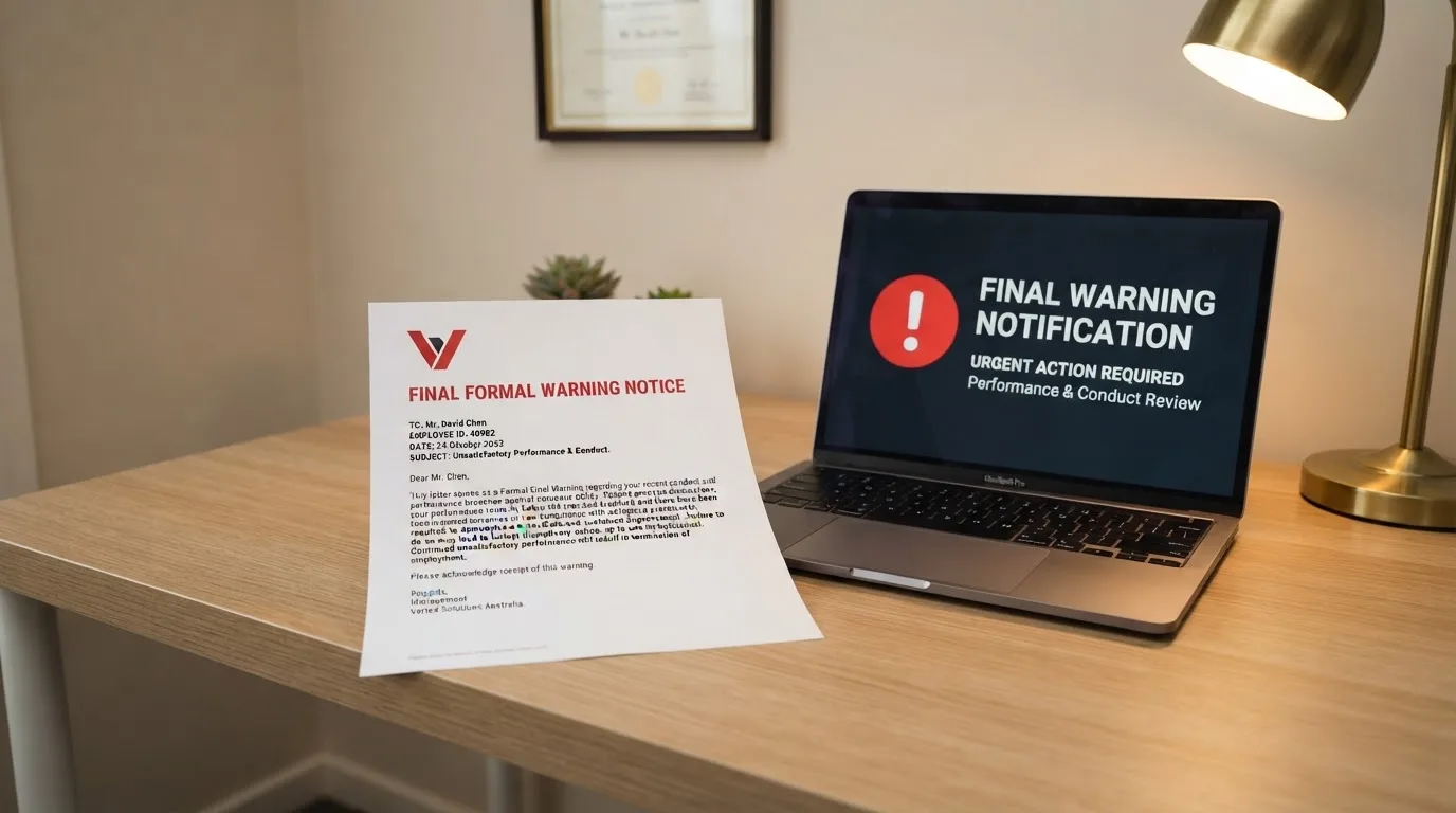 A printed government warning notice on a desk beside a laptop with a red alert icon on the screen.