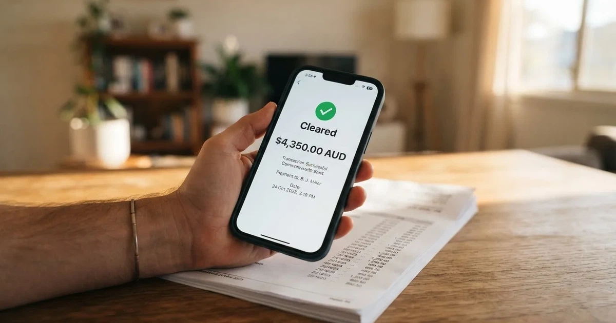 A hand holding a phone showing a cleared balance next to a stack of printed bank statements.