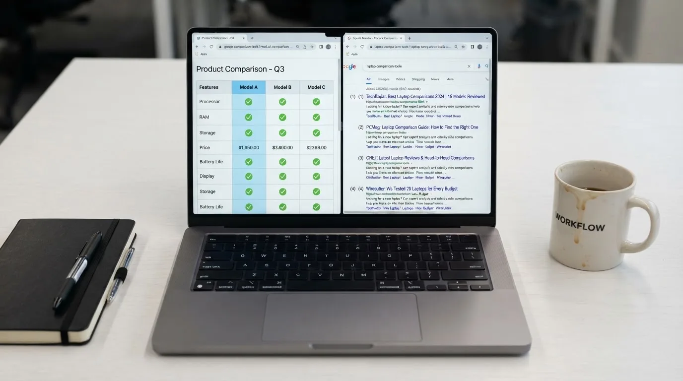 A laptop screen split between two browser tabs, one showing a comparison table and the other a search results page.