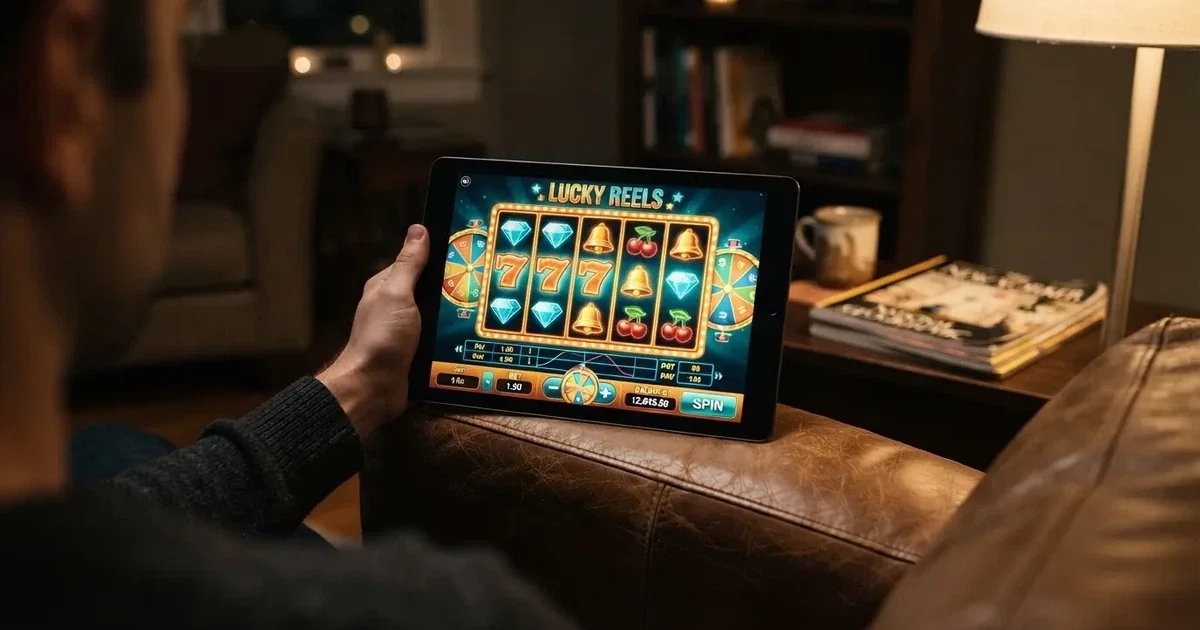 A hand holding a tablet with a touchscreen keypad displayed, resting on a couch armrest.
