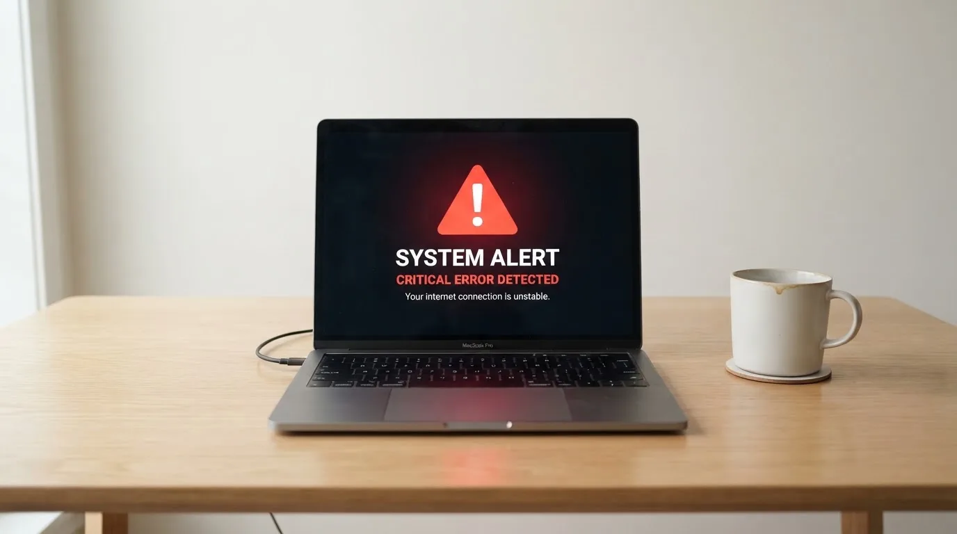 A printed government warning notice on a desk beside a laptop with a red alert icon on the screen.