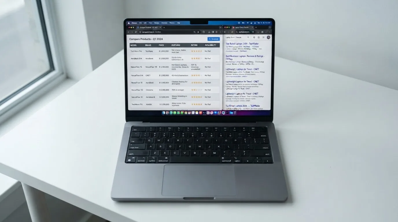 A laptop screen split between two browser tabs, one showing a comparison table and the other a search results page.