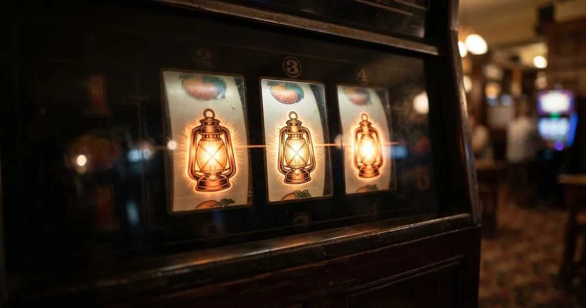 A close-up of a slot reel icon showing a stylised lantern motif on a cabinet screen.