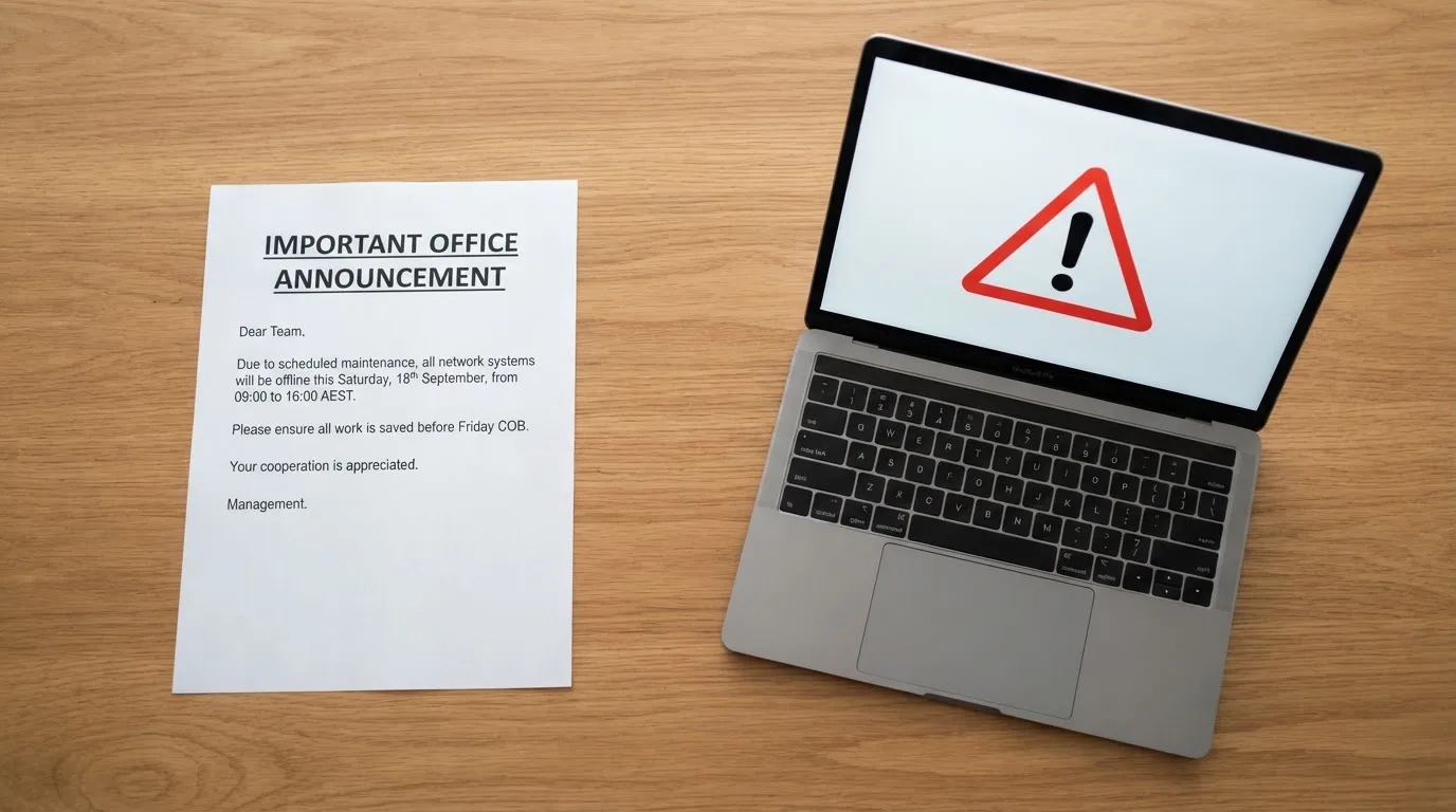 A printed government warning notice on a desk beside a laptop with a red alert icon on the screen.