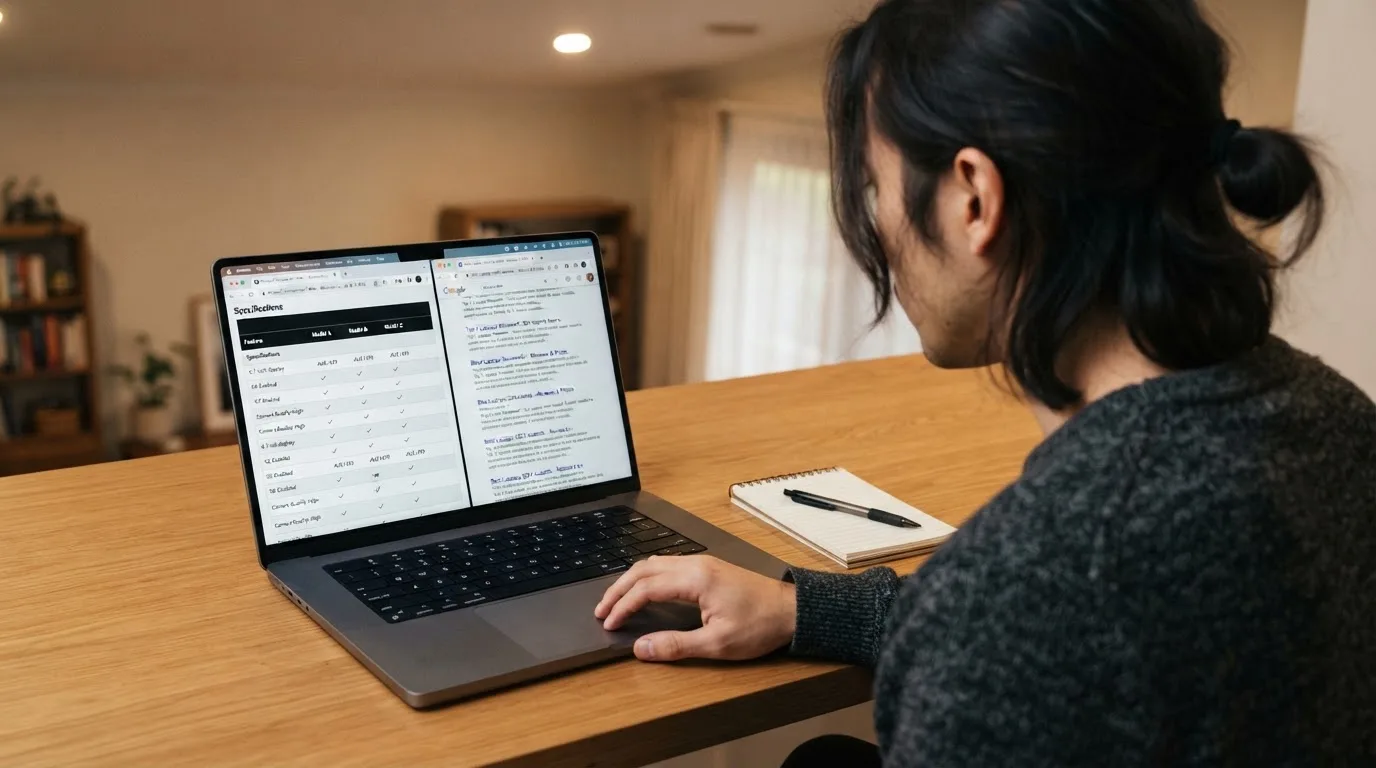 A laptop screen split between two browser tabs, one showing a comparison table and the other a search results page.