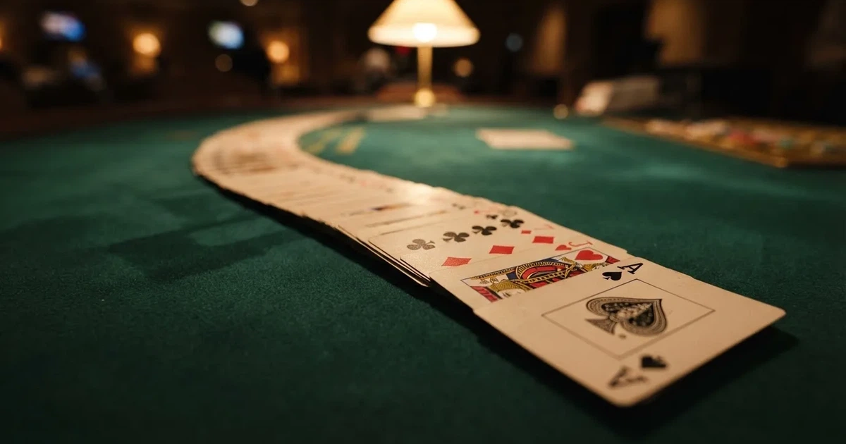 A close-up of a shuffled deck of playing cards fanned out on a green felt table.