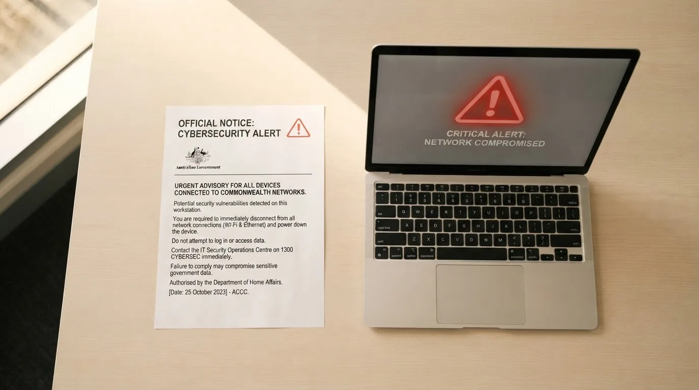 A printed government warning notice on a desk beside a laptop with a red alert icon on the screen.