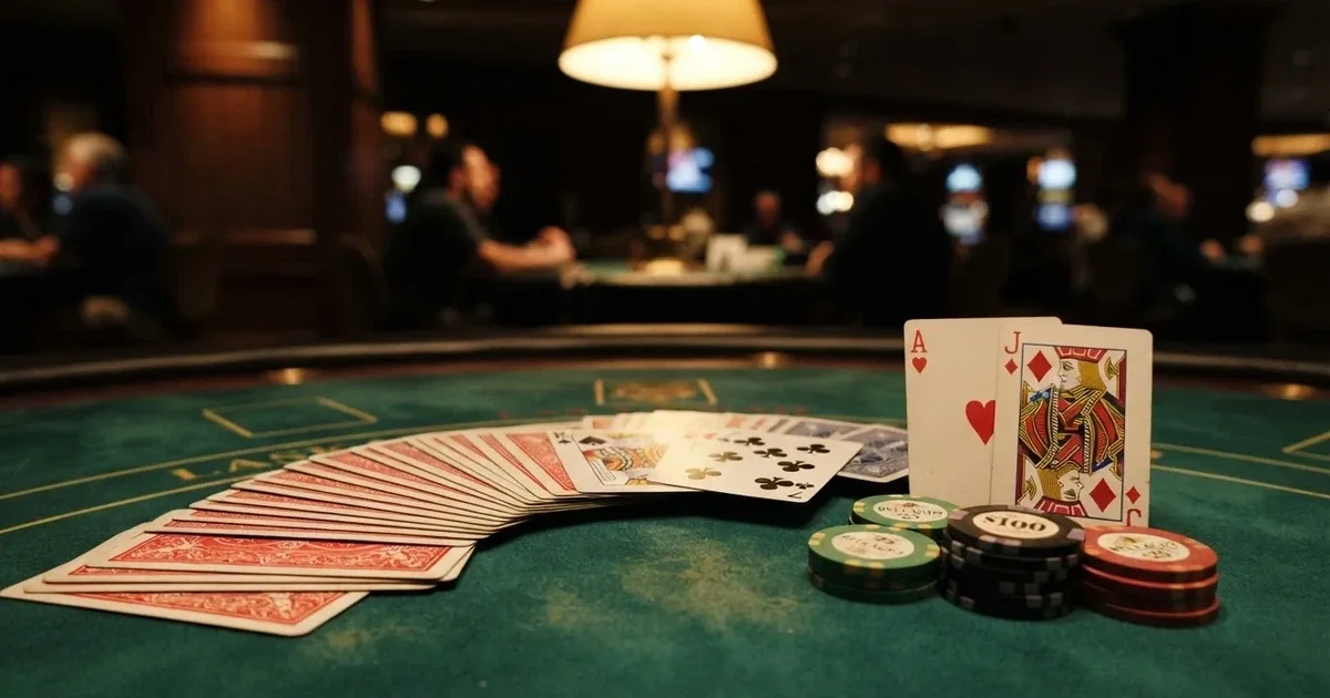 A close-up of a shuffled deck of playing cards fanned out on a green felt table.