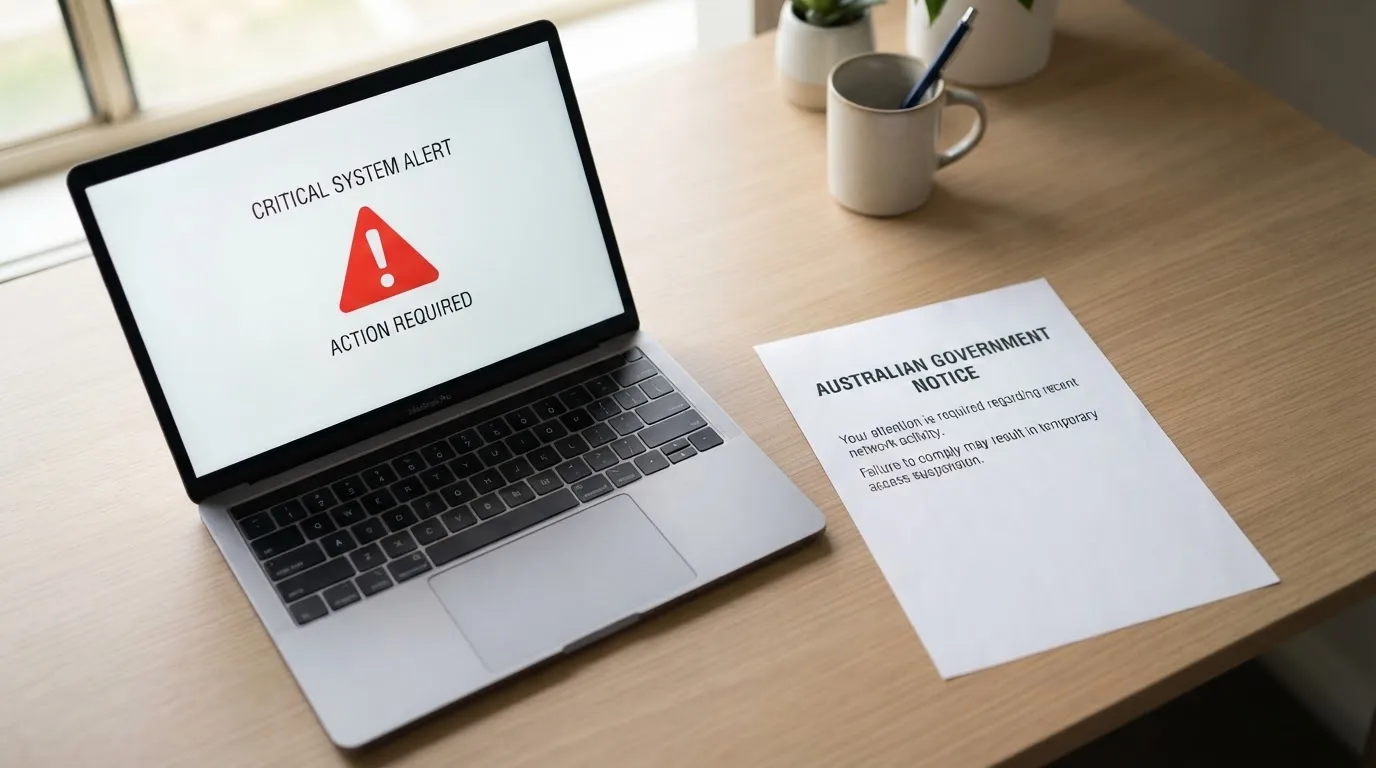 A printed government warning notice on a desk beside a laptop with a red alert icon on the screen.