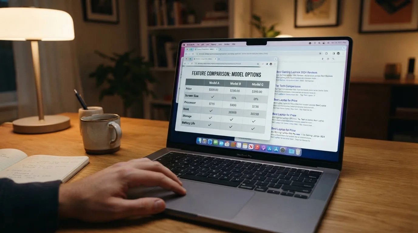 A laptop screen split between two browser tabs, one showing a comparison table and the other a search results page.