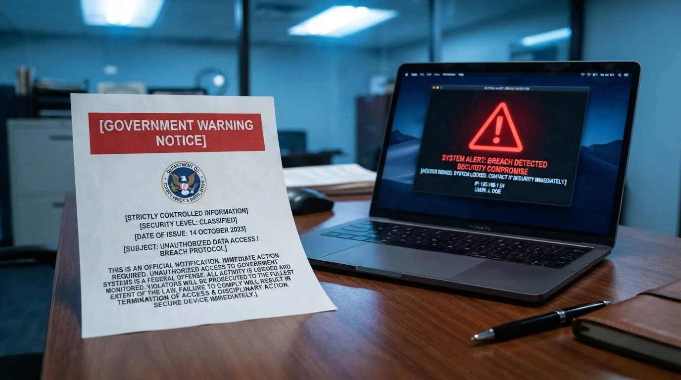 A printed government warning notice on a desk beside a laptop with a red alert icon on the screen.