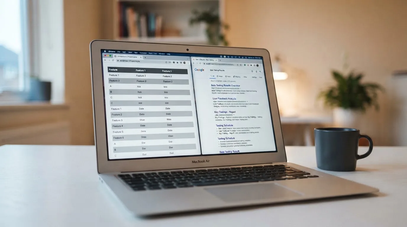 A laptop screen split between two browser tabs, one showing a comparison table and the other a search results page.