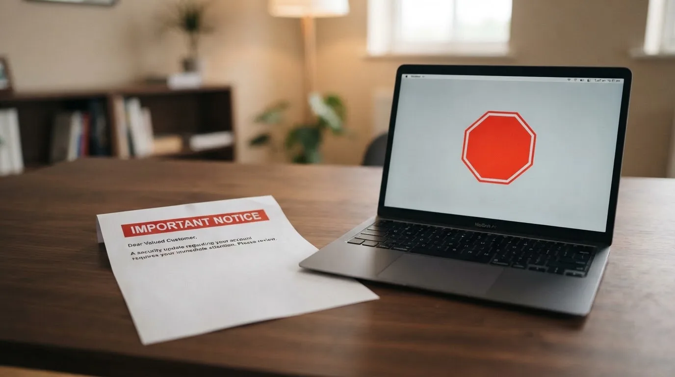 A printed government warning notice on a desk beside a laptop with a red alert icon on the screen.