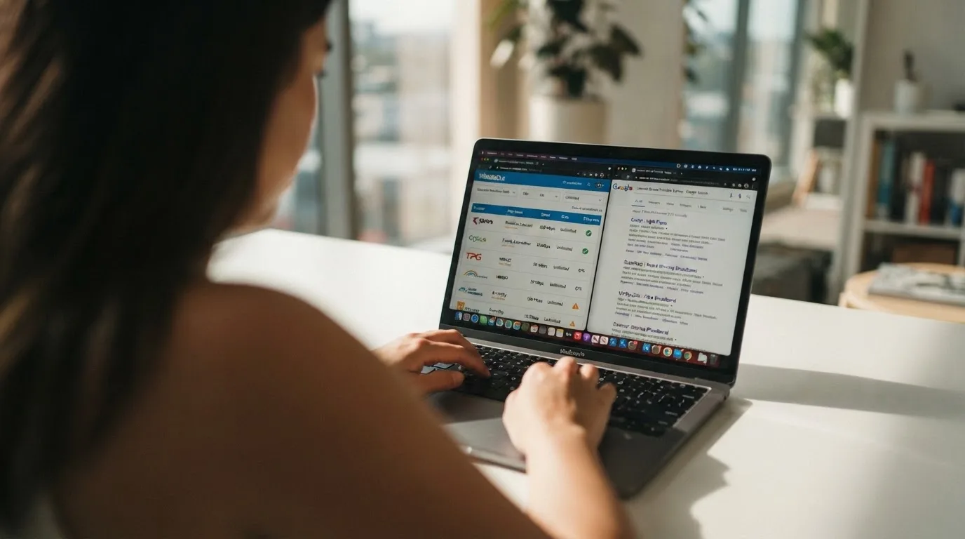 A laptop screen split between two browser tabs, one showing a comparison table and the other a search results page.