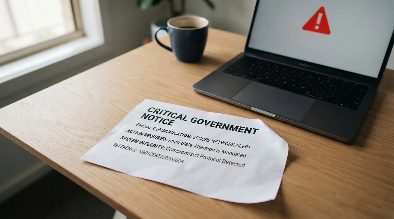 A printed government warning notice on a desk beside a laptop with a red alert icon on the screen.