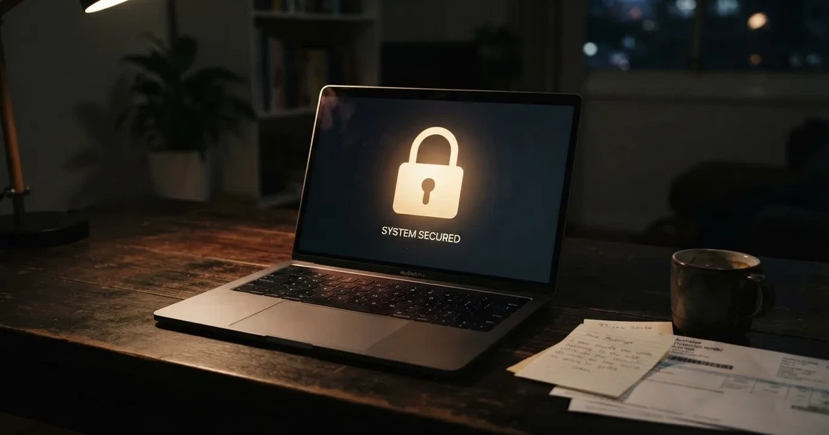 A padlock icon glowing on a laptop screen in a dim room.
