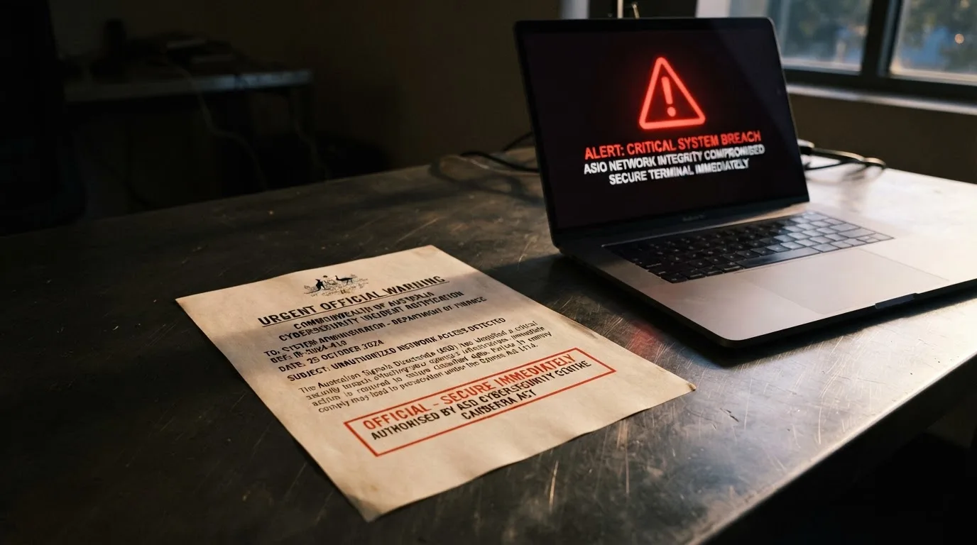 A printed government warning notice on a desk beside a laptop with a red alert icon on the screen.