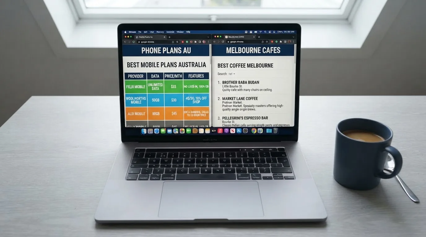 A laptop screen split between two browser tabs, one showing a comparison table and the other a search results page.