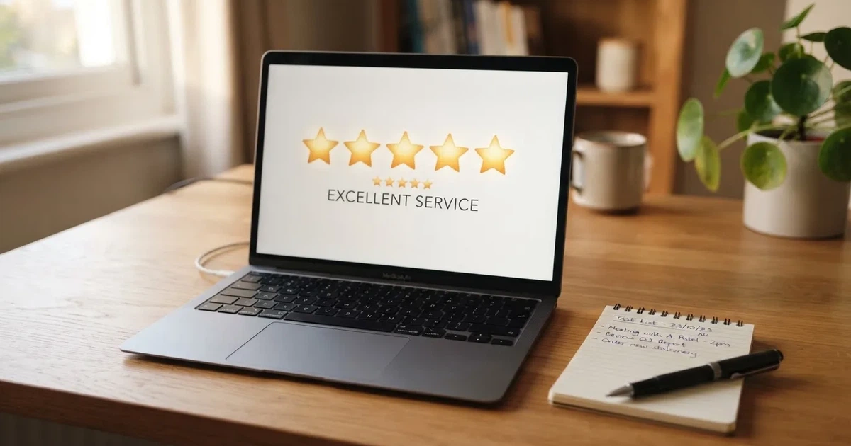 A five-star rating graphic displayed on a laptop screen next to a notepad.