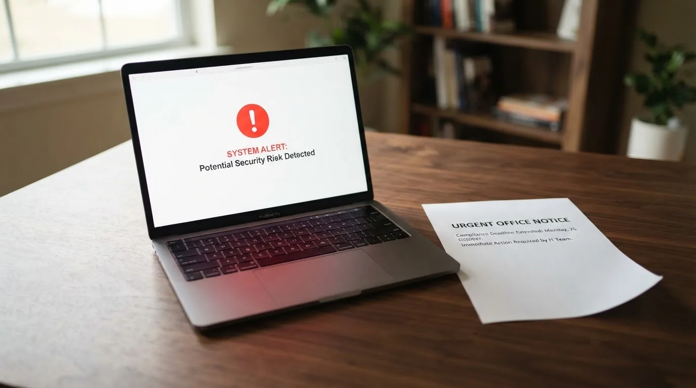 A printed government warning notice on a desk beside a laptop with a red alert icon on the screen.
