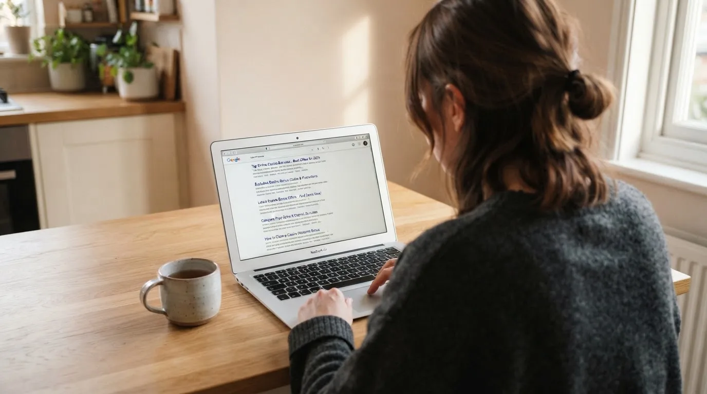 A person sits at a kitchen table, scrolling a laptop showing a general search results page about casino bonus offers.