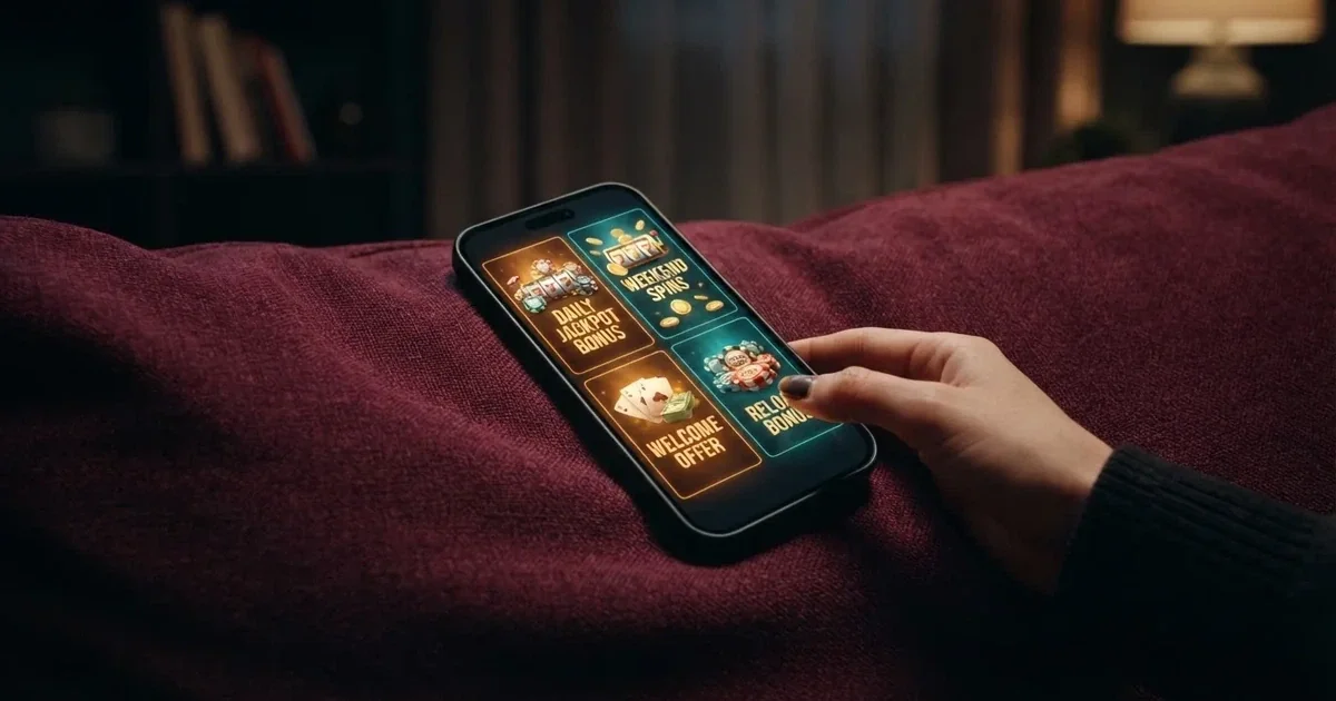 A phone screen shows a list of promotional bonus tiles as someone scrolls with one thumb on a couch in the evening.