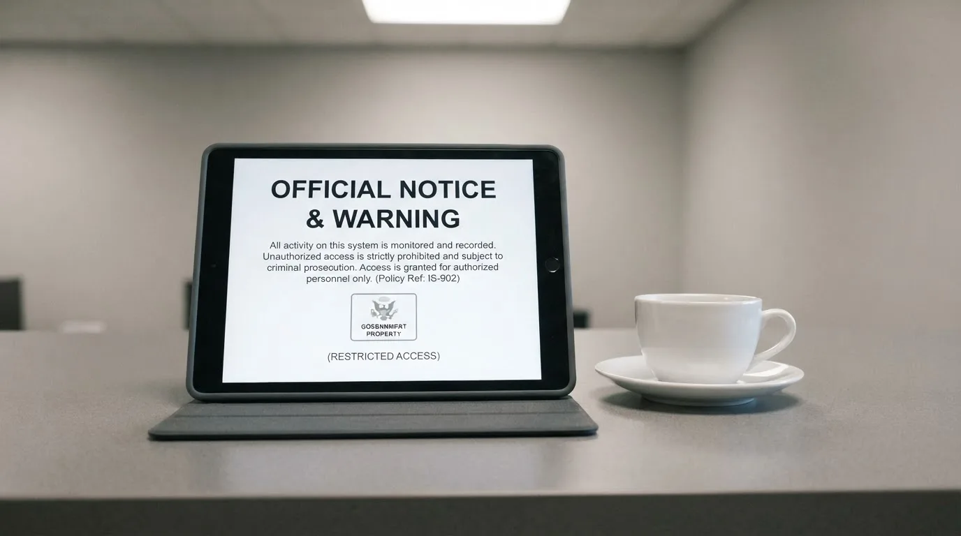 A tablet on a desk displays a plain government-style warning notice page, with a coffee cup beside it.