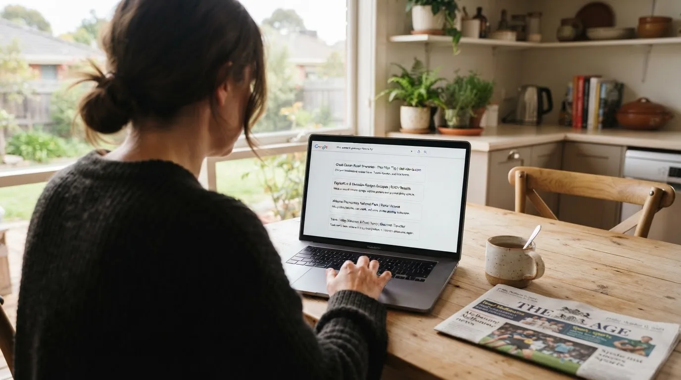 A person sits at a kitchen table, scrolling a laptop showing a general search results page about new casino sites.