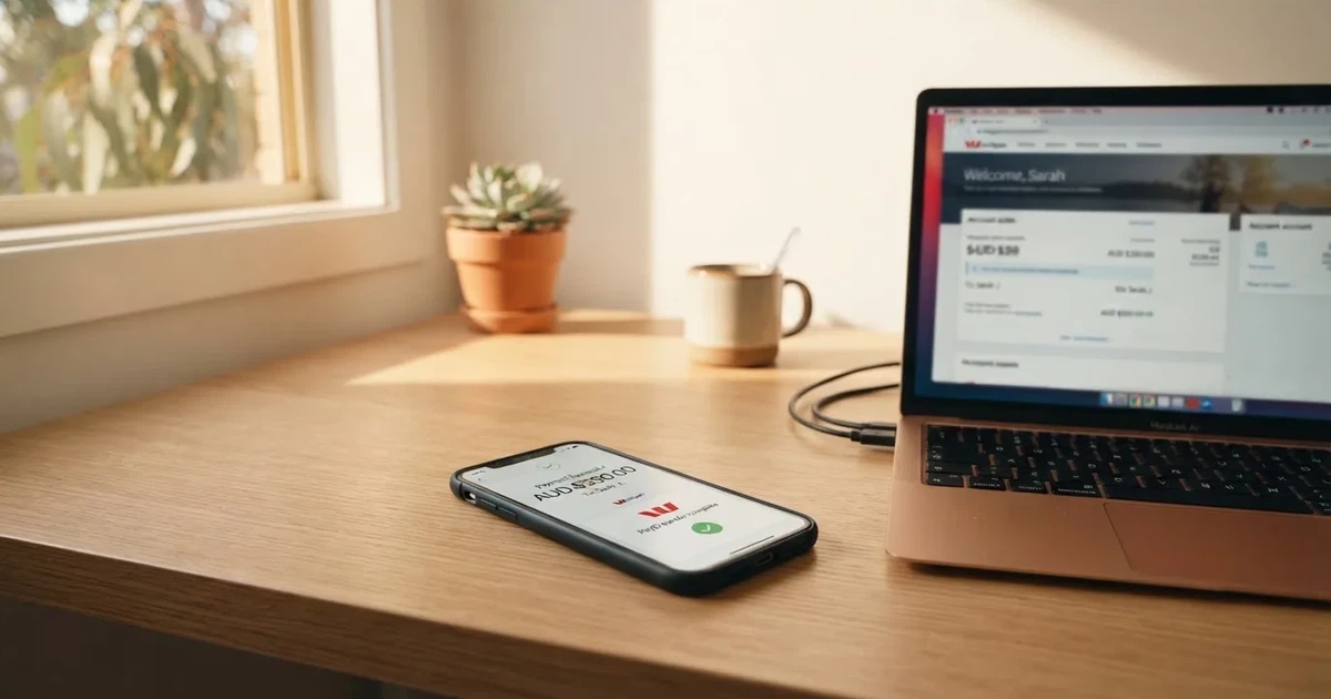 Close-up of a smartphone banking app open beside a laptop on a home desk, mid-transfer.