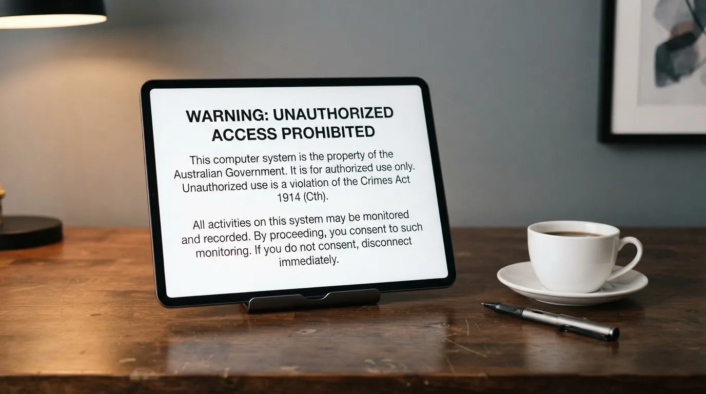 A tablet on a desk displays a plain government-style warning notice page, with a coffee cup beside it.